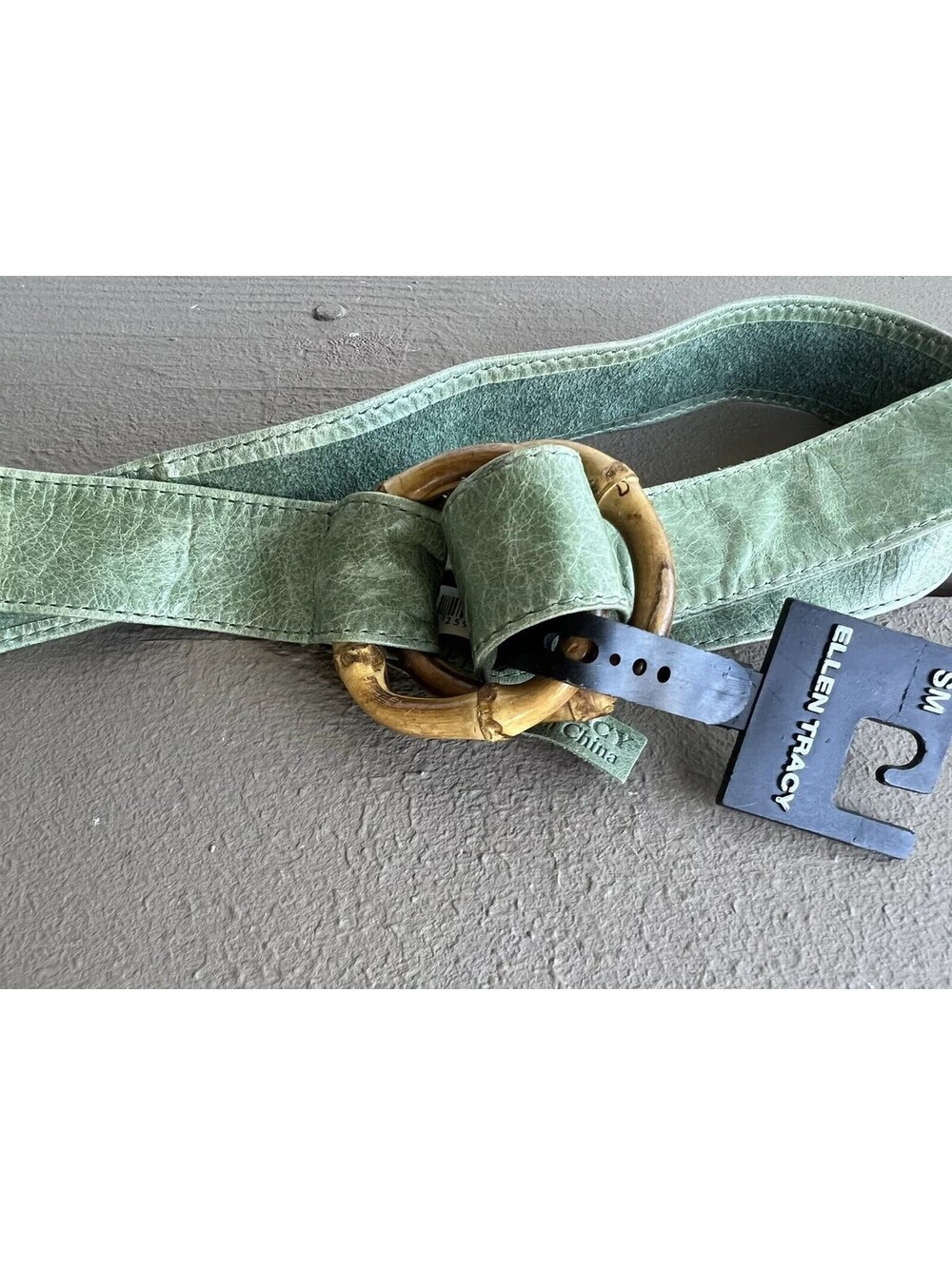 Ellen Tracy Green Italian Leather Bamboo Belt S/M 37”X1.5”